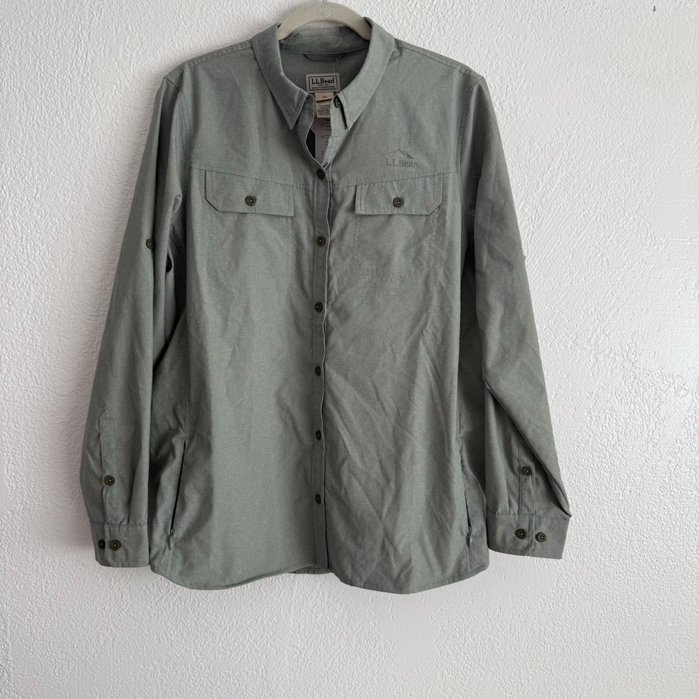 LL Bean Women's Large Long Sleeve Button Up Shirt Green Outdoor Camping NFZ